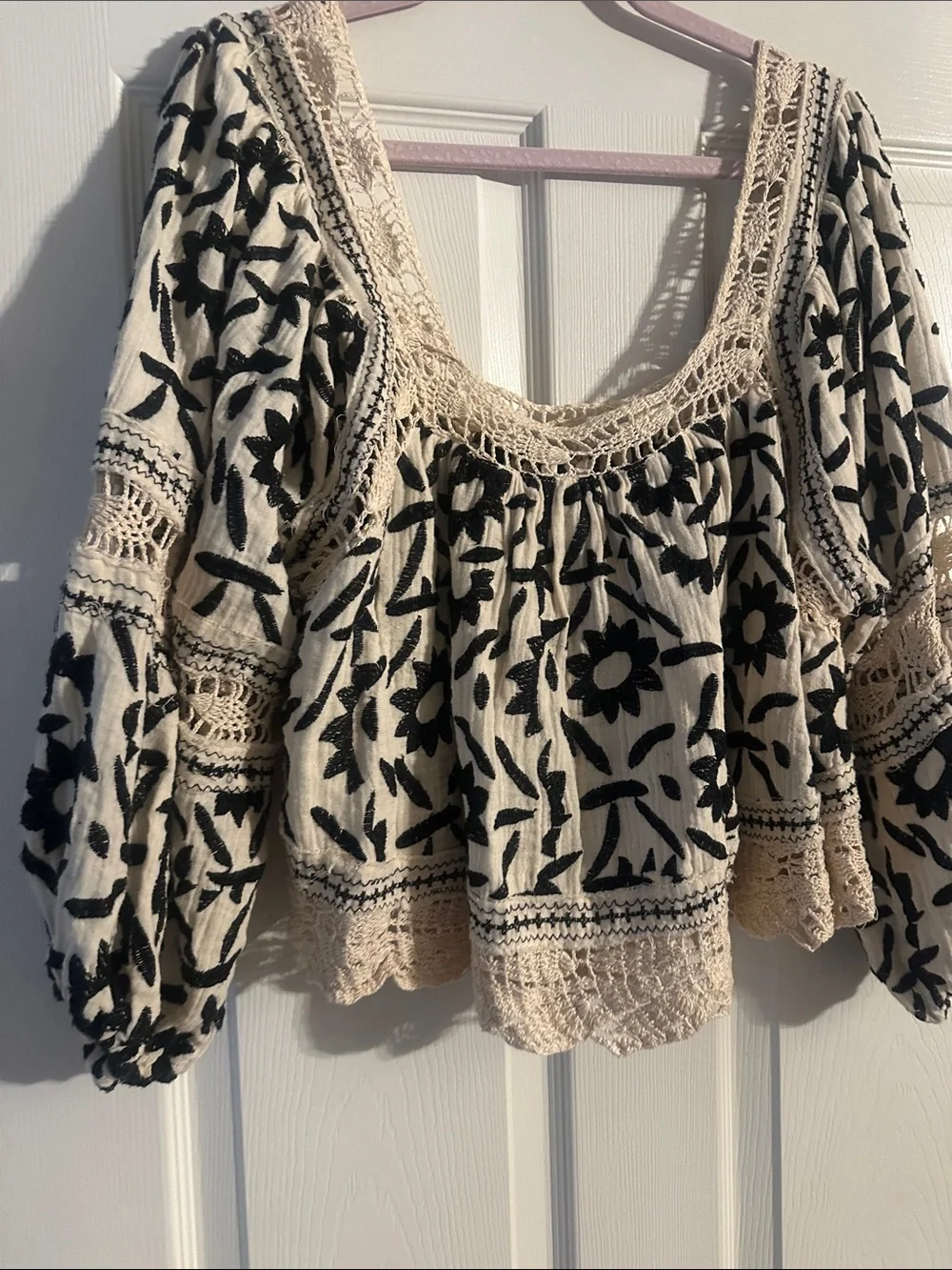 Free People Cream Top with Black Floral Embroidery